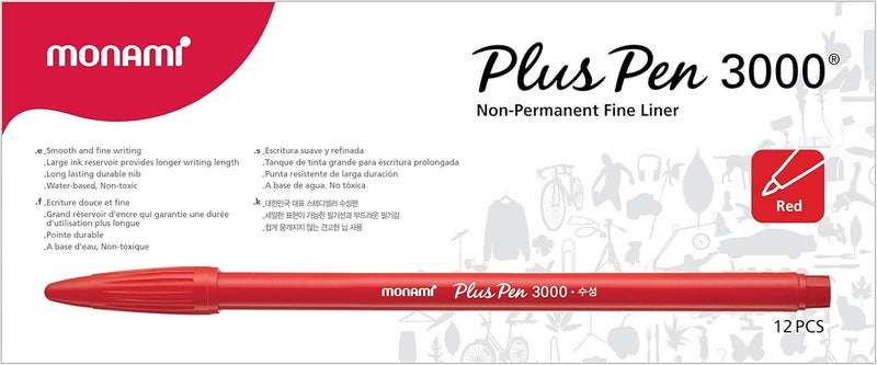 Monami Plus Pen 3000 Felt Tip Pens, Fine Point (0.4mm), Fine Liner, Writing/Journaling/Note Taking at home, school and office, Red, 12-Count - Image 4