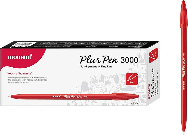 Monami Plus Pen 3000 Felt Tip Pens, Fine Point (0.4mm), Fine Liner, Writing/Journaling/Note Taking at home, school and office, Red, 12-Count - Image 1