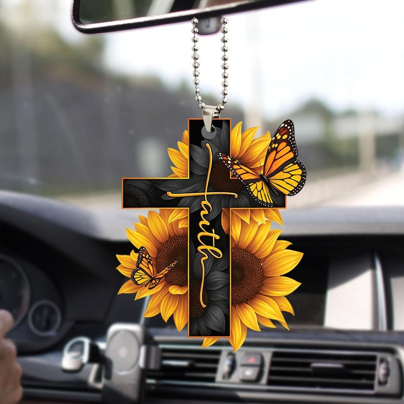 Talataca Faith Sunflower God Jesus Cross Christian Butterfly Car Rear View Mirror Ornament - Image 1