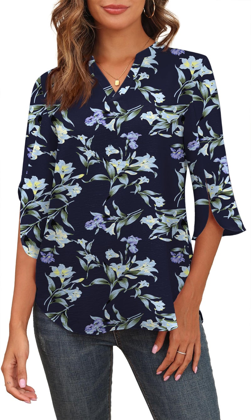 Askyes Womens Blouses Dressy Casual Chiffon Tops and Blouses Summer VNeck 34 Sleeve Blouse Tops for WorkBlue Lily2XL
