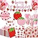 LINHAXM Berry First Birthday Decor Strawberry 1st Birthday Decorations for Plates Napkins Cups Cutlery Cupcake Toppers Banner Tablecloth Balloons for Girls Strawberry Party Decorations Serve 20 - Image 3