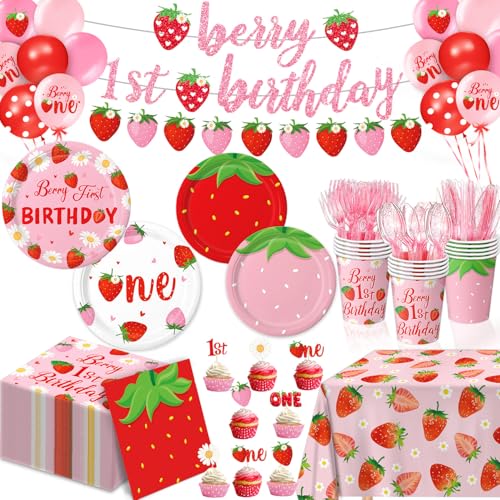 LINHAXM Berry First Birthday Decor Strawberry 1st Birthday Decorations for Plates Napkins Cups Cutlery Cupcake Toppers Banner Tablecloth Balloons for Girls Strawberry Party Decorations Serve 20 - Image 1