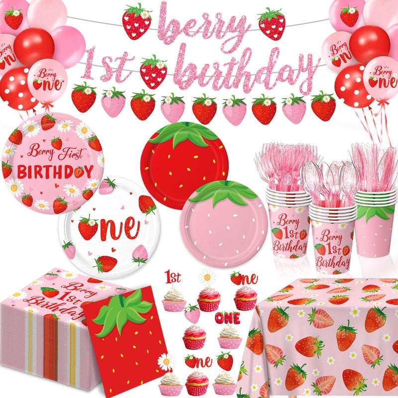 LINHAXM Berry First Birthday Decor Strawberry 1st Birthday Decorations for Plates Napkins Cups Cutlery Cupcake Toppers Banner Tablecloth Balloons for Girls Strawberry Party Decorations Serve 20 - Image 2