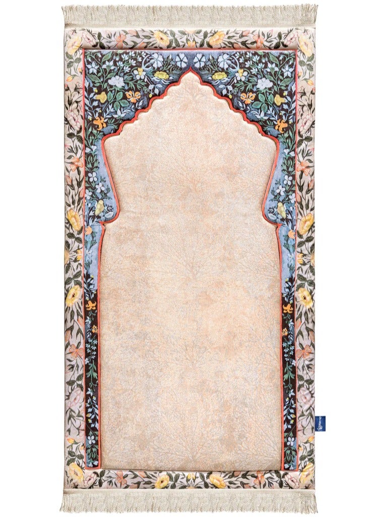 Luxury Velvet Padded Prayer Mat with Floral Border – Soft Muslim Janamaz for Daily Salah - Comfortable Padded Islamic Prayer Rug – Stylish Design with Beige Velvet Center and Flower Border  - Image 1