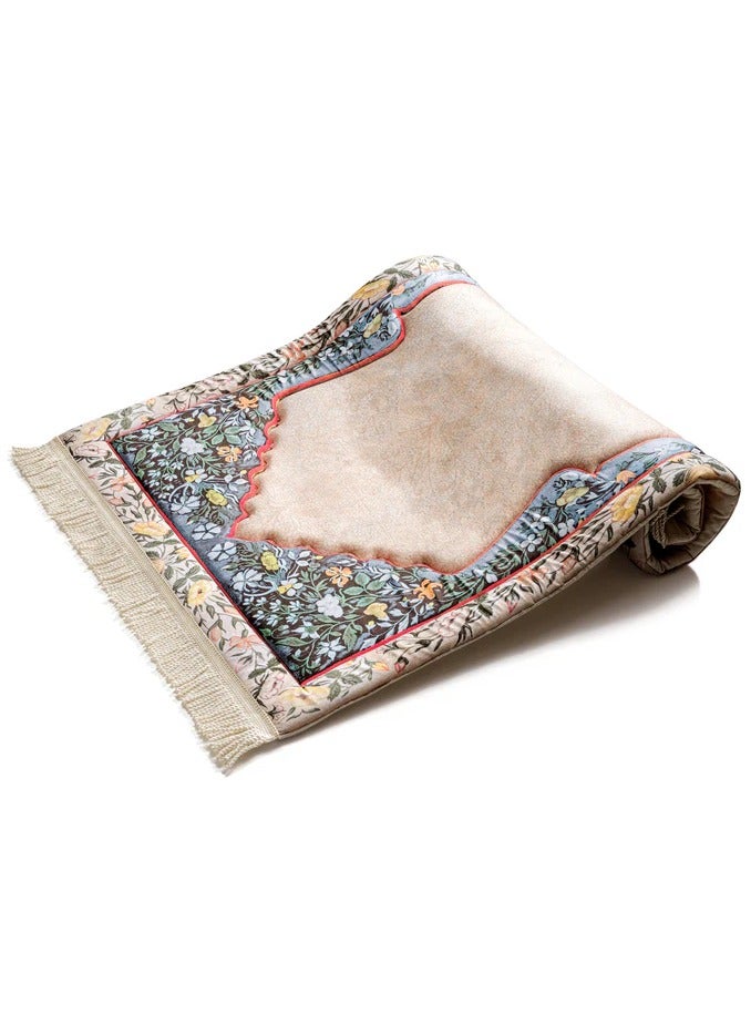 Luxury Velvet Padded Prayer Mat with Floral Border – Soft Muslim Janamaz for Daily Salah - Comfortable Padded Islamic Prayer Rug – Stylish Design with Beige Velvet Center and Flower Border  - Image 2