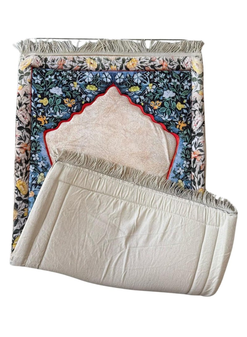 Luxury Velvet Padded Prayer Mat with Floral Border – Soft Muslim Janamaz for Daily Salah - Comfortable Padded Islamic Prayer Rug – Stylish Design with Beige Velvet Center and Flower Border  - Image 3
