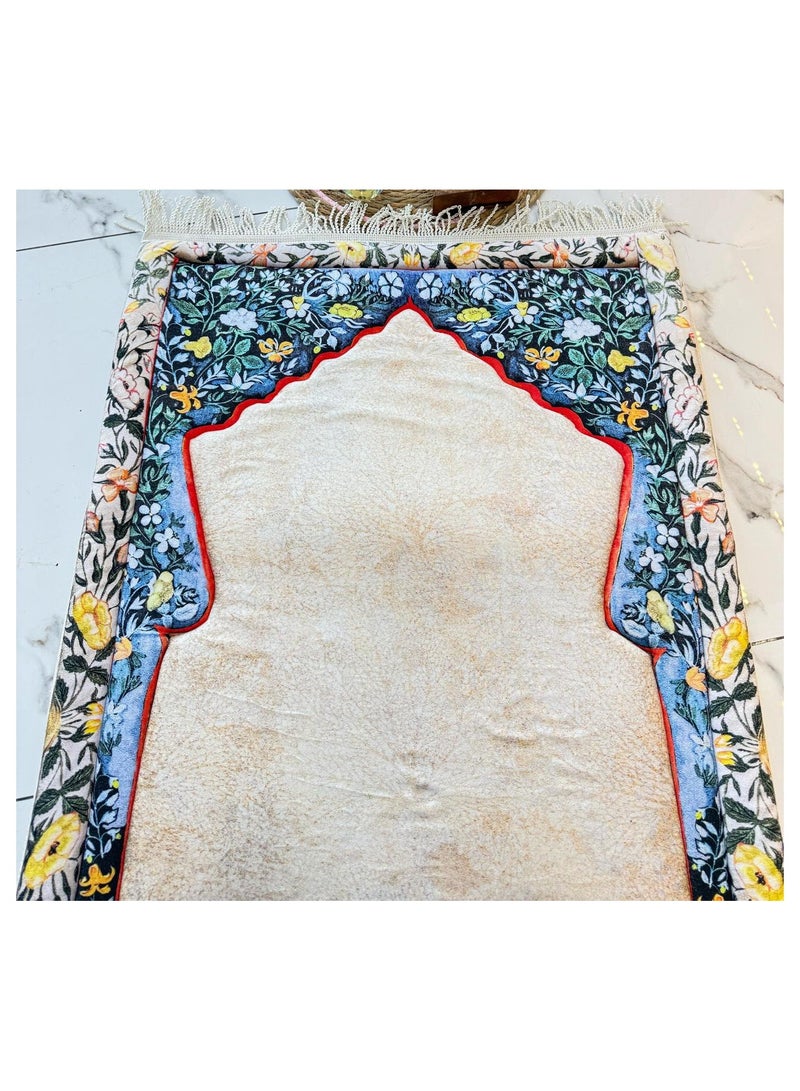 Luxury Velvet Padded Prayer Mat with Floral Border – Soft Muslim Janamaz for Daily Salah - Comfortable Padded Islamic Prayer Rug – Stylish Design with Beige Velvet Center and Flower Border  - Image 4
