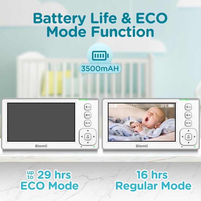 Blemil Baby Monitor with 2 Cameras and Audio 43 IPS SplitScreen Monitor with 29Hour Battery 1000ft Range PanTiltZoom Video Baby Monitor No WiFi 2X Zoom - Image 3