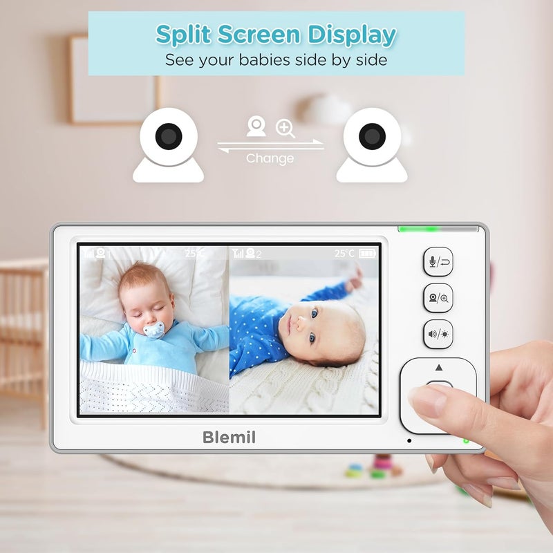 Blemil Baby Monitor with 2 Cameras and Audio 43 IPS SplitScreen Monitor with 29Hour Battery 1000ft Range PanTiltZoom Video Baby Monitor No WiFi 2X Zoom - Image 2