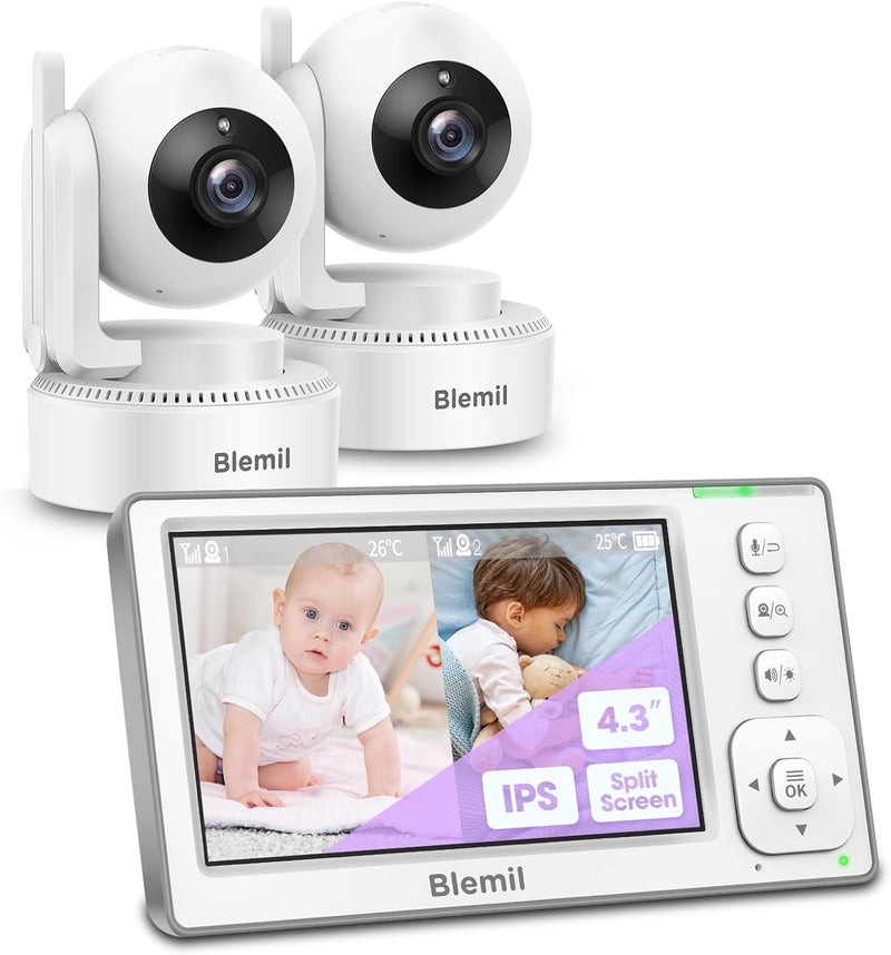 Blemil Baby Monitor with 2 Cameras and Audio 43 IPS SplitScreen Monitor with 29Hour Battery 1000ft Range PanTiltZoom Video Baby Monitor No WiFi 2X Zoom - Image 1