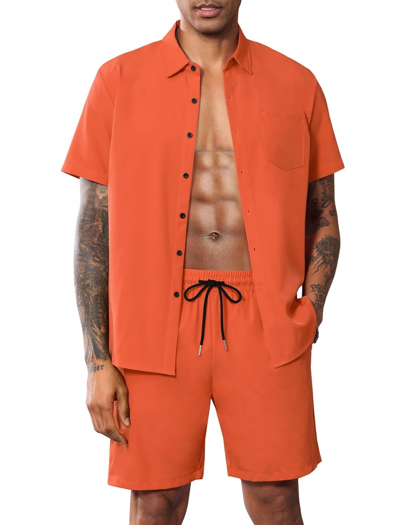 LecGee Men's 2 Piece Casual Beach Outfits Short Sleeve Button Down Shirts Fashion Summer Short Set Tracksuits(Orange,L) - Image 1