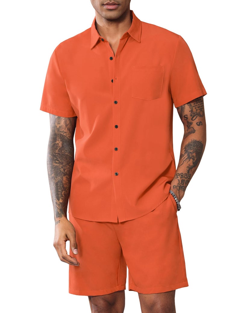 LecGee Men's 2 Piece Casual Beach Outfits Short Sleeve Button Down Shirts Fashion Summer Short Set Tracksuits(Orange,L) - Image 2