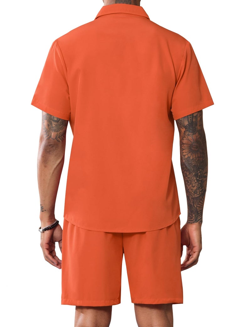 LecGee Men's 2 Piece Casual Beach Outfits Short Sleeve Button Down Shirts Fashion Summer Short Set Tracksuits(Orange,L) - Image 3