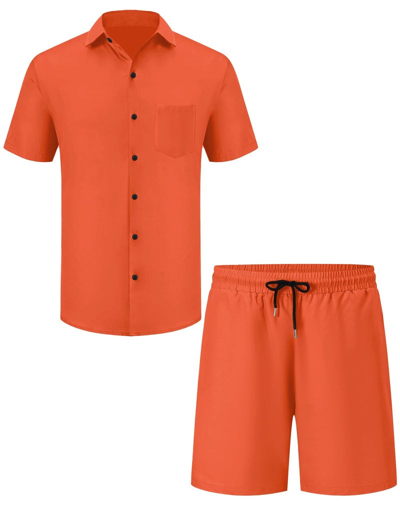 LecGee Men's 2 Piece Casual Beach Outfits Short Sleeve Button Down Shirts Fashion Summer Short Set Tracksuits(Orange,L) - Image 4