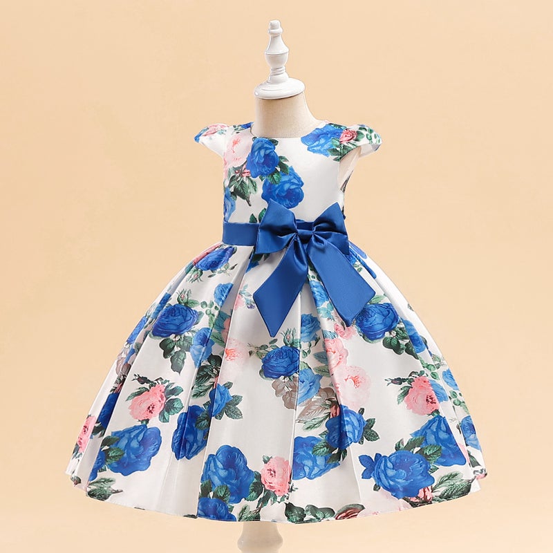 New Floral Print Kids Princess Dress with Bow L5310-color blue