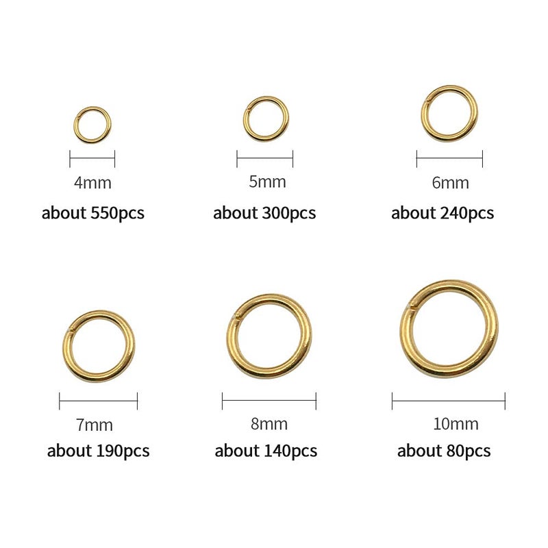 Youdiyla 1500Pcs Mixed 6 Sizes Open Jump Rings,4mm 5mm 6mm 7mm 8mm 10mm Jump Ring Jewelry Keychain for Jewelry Making Accessories with 1Pcs Jump Ring Open/Close Tool and 1Pcs Storage Box (Gold) - Image 2