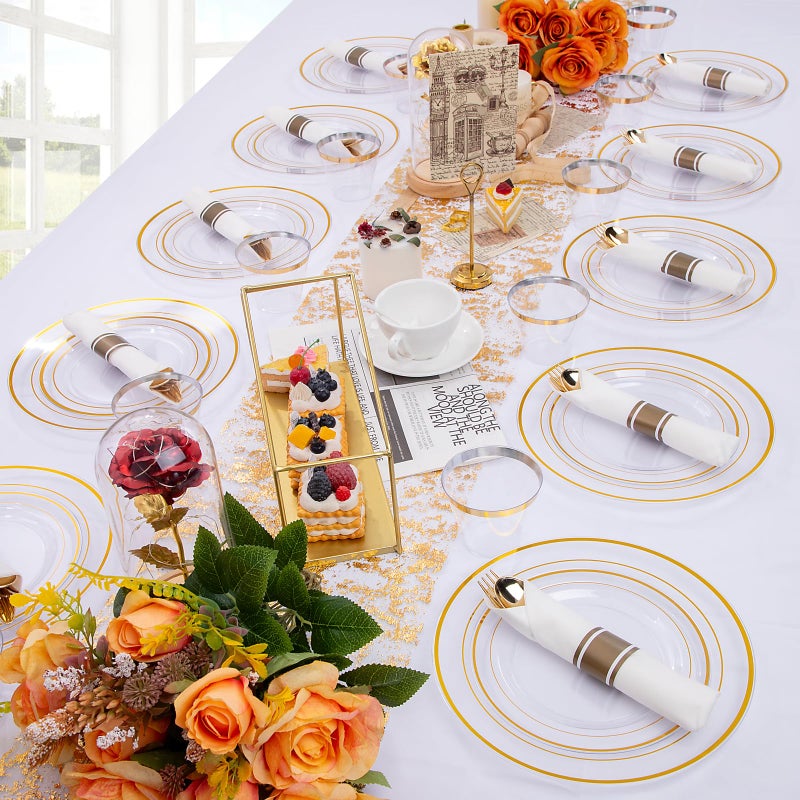 WELLIFE 210PCS Clear-Gold Plastic Plates - Dinnerware Sets for 30 Guests - 60 Disposable Plates  90 Plastic Silverware  30 Cups  30 Napkins for Party - Image 3