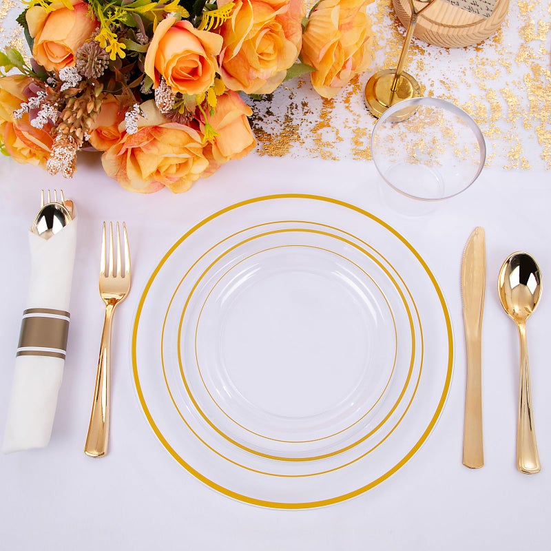 WELLIFE 210PCS Clear-Gold Plastic Plates - Dinnerware Sets for 30 Guests - 60 Disposable Plates  90 Plastic Silverware  30 Cups  30 Napkins for Party - Image 4
