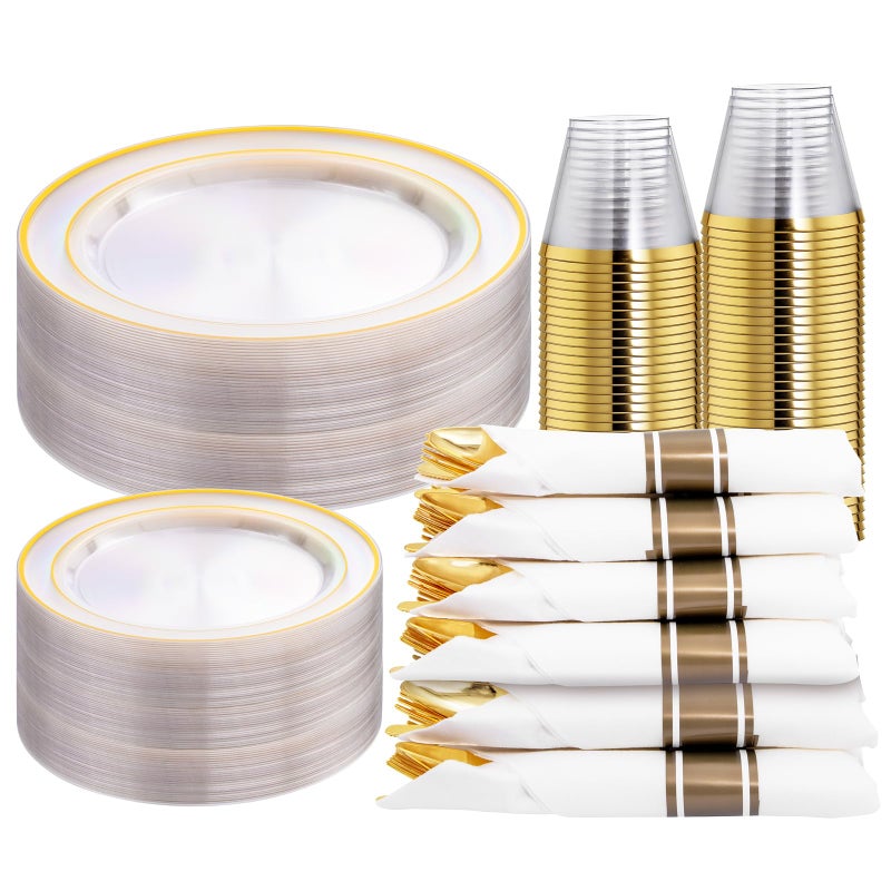 WELLIFE 210PCS Clear-Gold Plastic Plates - Dinnerware Sets for 30 Guests - 60 Disposable Plates  90 Plastic Silverware  30 Cups  30 Napkins for Party - Image 1