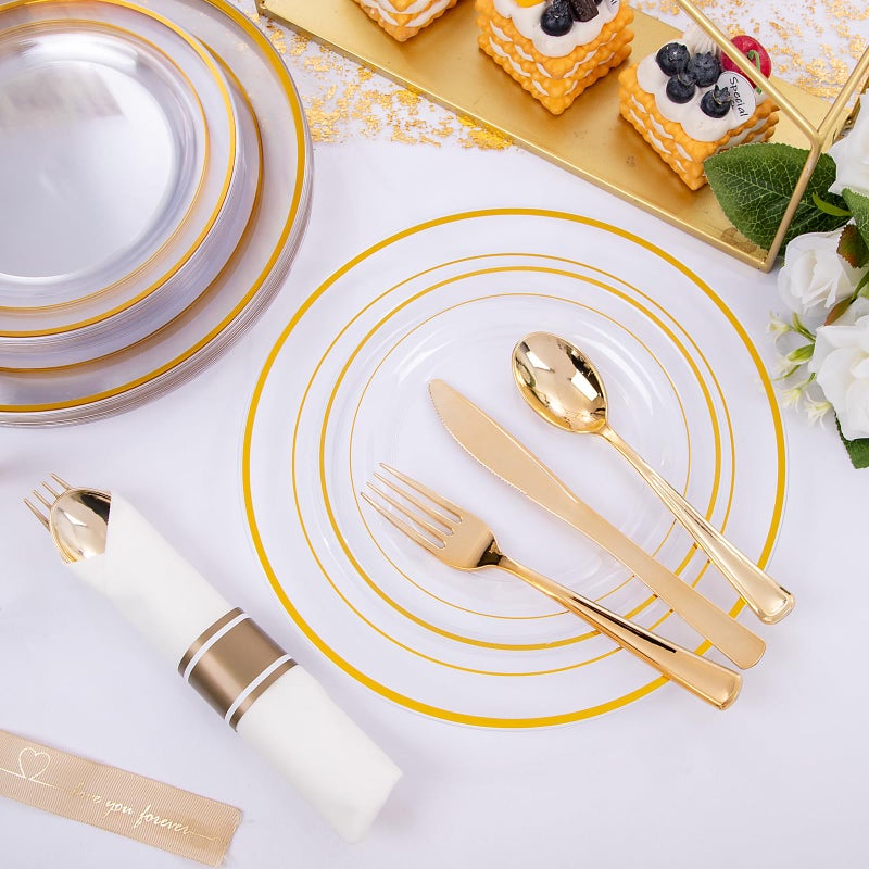 WELLIFE 210PCS Clear-Gold Plastic Plates - Dinnerware Sets for 30 Guests - 60 Disposable Plates  90 Plastic Silverware  30 Cups  30 Napkins for Party - Image 5