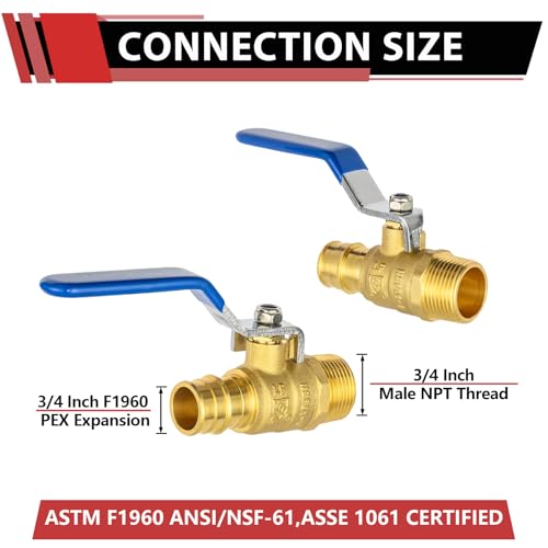 EFIELD Pack of 2 EFIELD Cold Expansion PexA 34inch X 34 Inch MNPT Brass Full Port Shutoff Ball Valve for PexA Pipe Connection ASTM F1960 Blue Lever cUPC CertifiedVALVE4482PCS - Image 3
