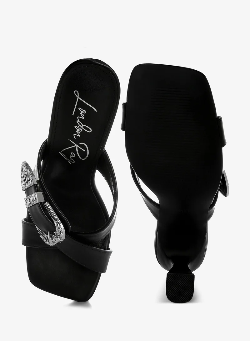 London Rag  Engraved Metallic Buckle Sandals In Black for Women | Best Price UAE