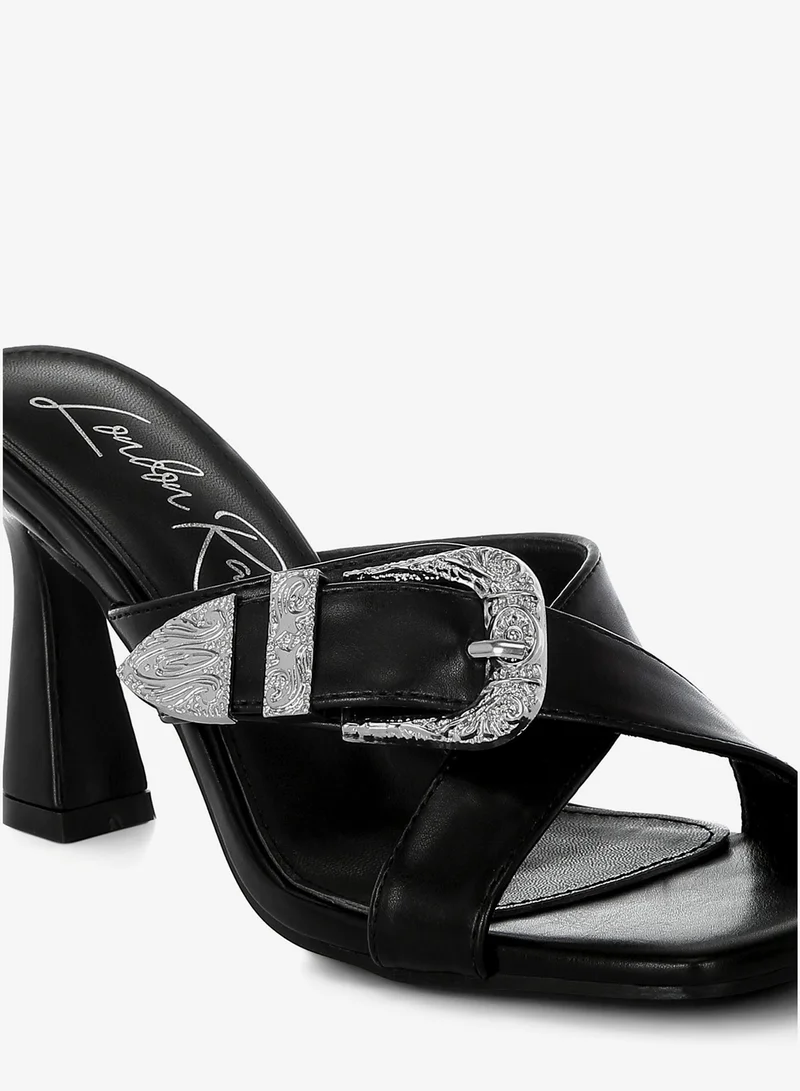London Rag  Engraved Metallic Buckle Sandals In Black for Women | Best Price UAE