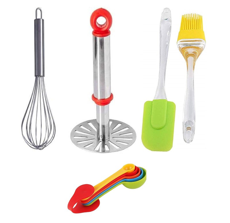 Sunny Sunny Pass Silicon 1 Pastry Brush 1 Spatula 5 Mini Measuring Spoon 1 Egg Whisk and 1 PotatoPav BhajiVegetable Masher Kitchen Tool Multicolour Pack of 9 - Image 1