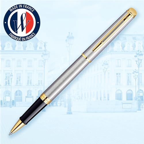 Waterman Hémisphère Rollerball Pen Stainless Steel with 23k Gold Trim Fine Point with Black Ink Cartridge Gift Box - Image 2