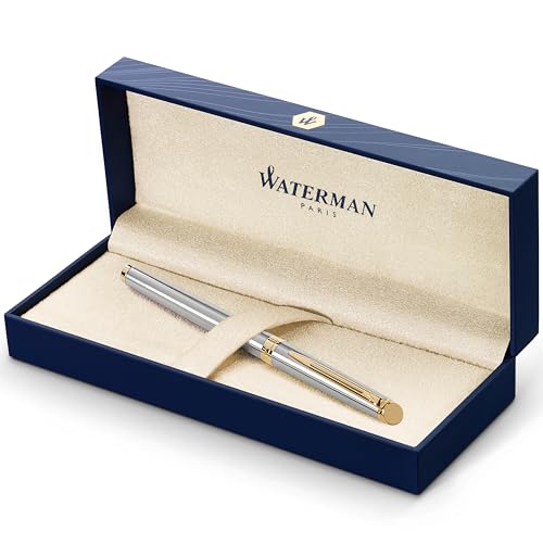 Waterman Hémisphère Rollerball Pen Stainless Steel with 23k Gold Trim Fine Point with Black Ink Cartridge Gift Box - Image 1