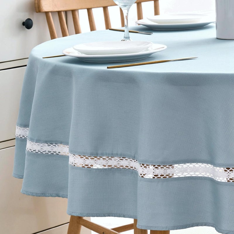 EHouseHome Heavy Duty Fabric Tablecloth with White Lace-Waterproof/Wrinkle Free/Stain Resistant/Oil Proof-for Dining,Indoor&Outdoor,Wedding,Holiday,Blue Fog,Round 70Inch - Image 1