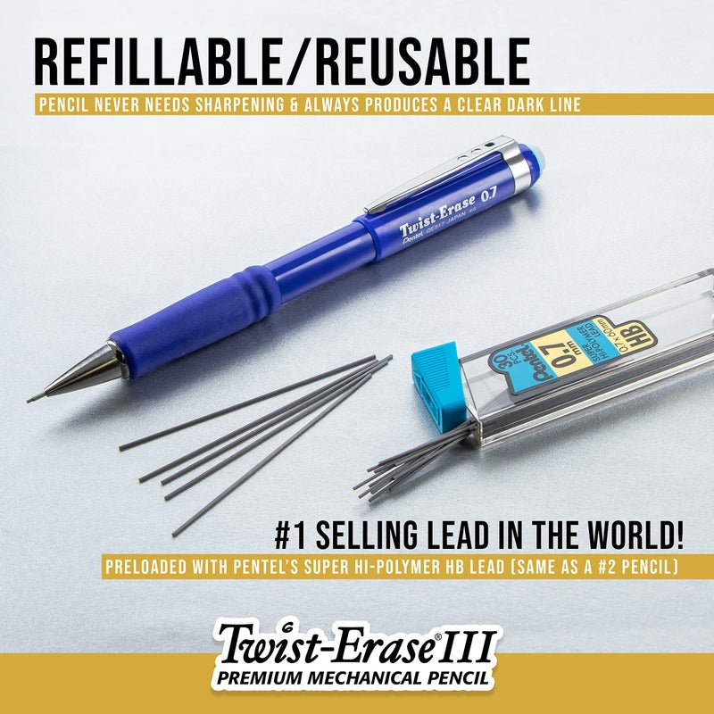 Pentel قلم رصاص ميكانيكي بنتل تويست-إيريز III، (0.7 مم)، برميل أزرق بحري - Image 4