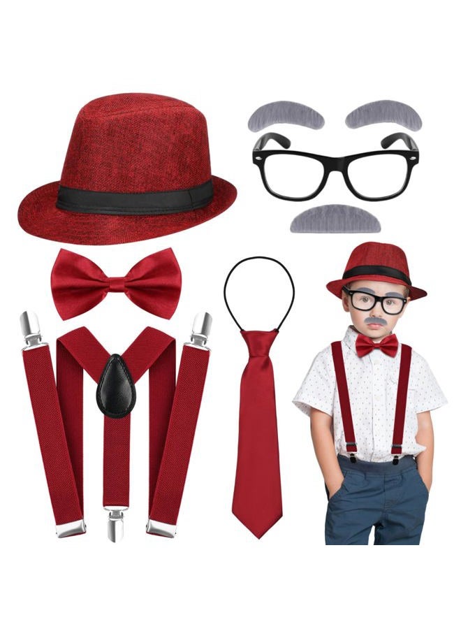 Yanbuny Old Man Costume Accessories 1920s Gangster Set with Hat Suspender Bow Tie Glasses Mustache and Eyebrows for Granpa Dress Up (Wine) - Image 1