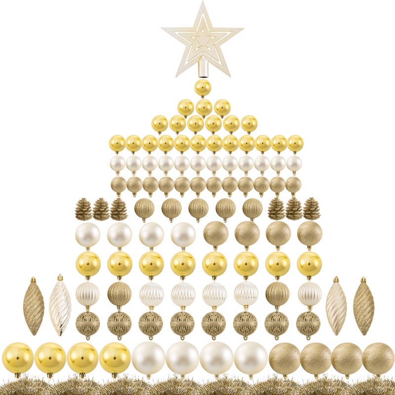 Ogrmar 119ct Christmas Tree Ball Ornaments Set Assorted Shapes and Sizes Shatterproof Hanging Decoration with Handheld Gift Package for Christmas Tree Holiday Wedding Party Golden