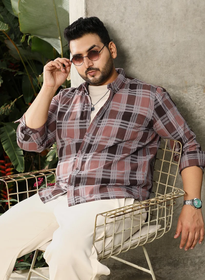 انستافاب بلس قميص رجالي بني شوكولاتة كاروهات بأزرار وياقة كلاسيكية وأكمام طويلة وأساور وأزرار وإغلاق وحافة منحنية من مزيج القطن للارتداء اليومي والكاجوال