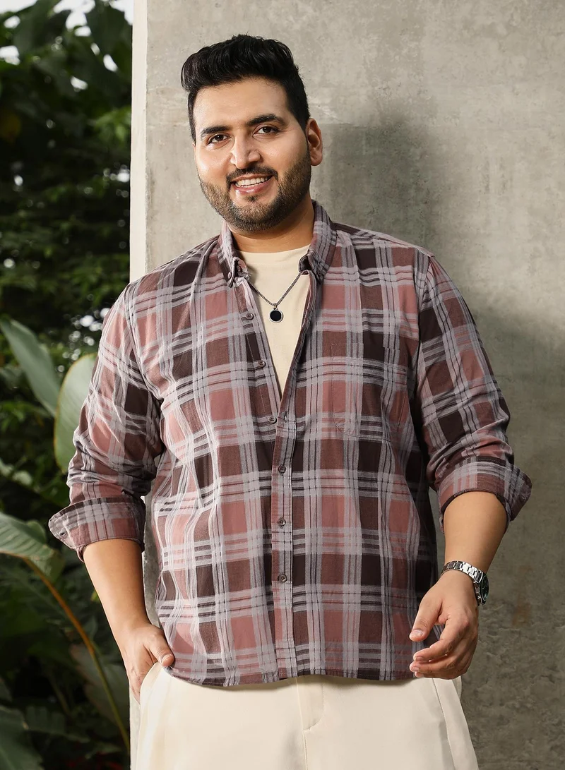 انستافاب بلس قميص رجالي بني شوكولاتة كاروهات بأزرار وياقة كلاسيكية وأكمام طويلة وأساور وأزرار وإغلاق وحافة منحنية من مزيج القطن للارتداء اليومي والكاجوال