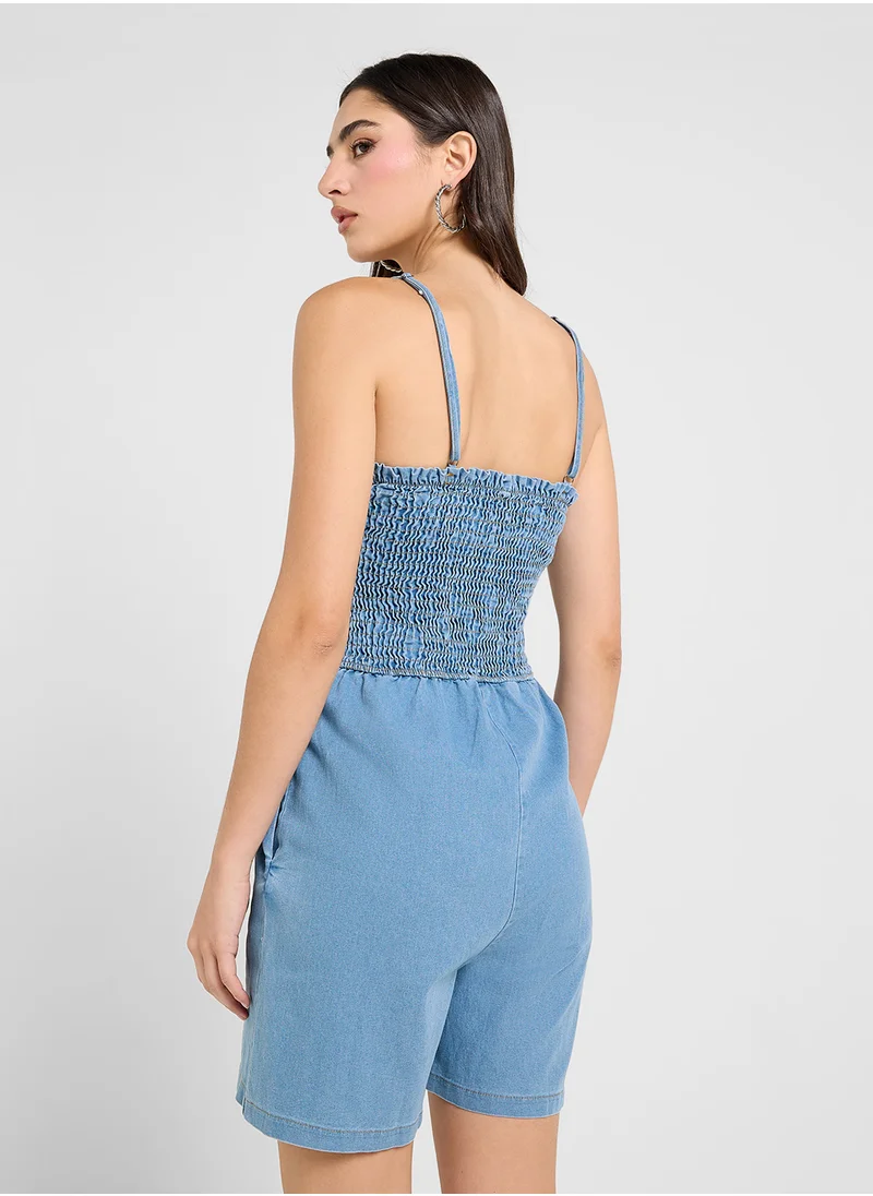 جينجر Shirred Denim Playsuit