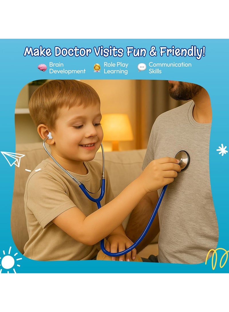 مخطوطات سماعة الطبيب الحقيقية ذات الرأس المزدوج للأطفال، لعب دور الأطفال والاستماع إلى هدايا لعبة نبضات القلب الوظيفية - أزرق - Image 2