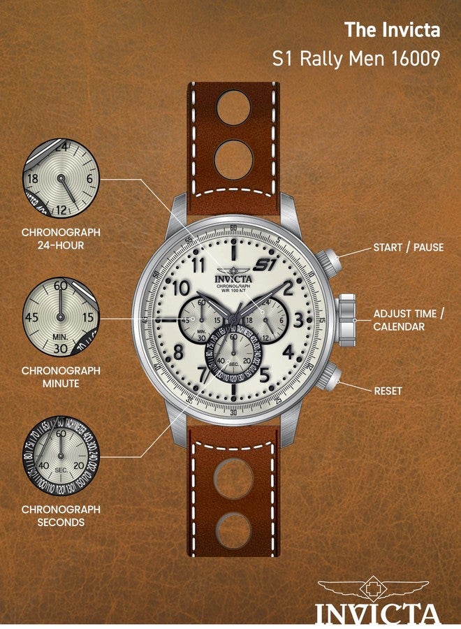 INVICTA Men's S1 Rally 48mm Stainless Steel and Brown Leather Chronograph QuartzWatch, Brown (Model: 16009) - Image 5