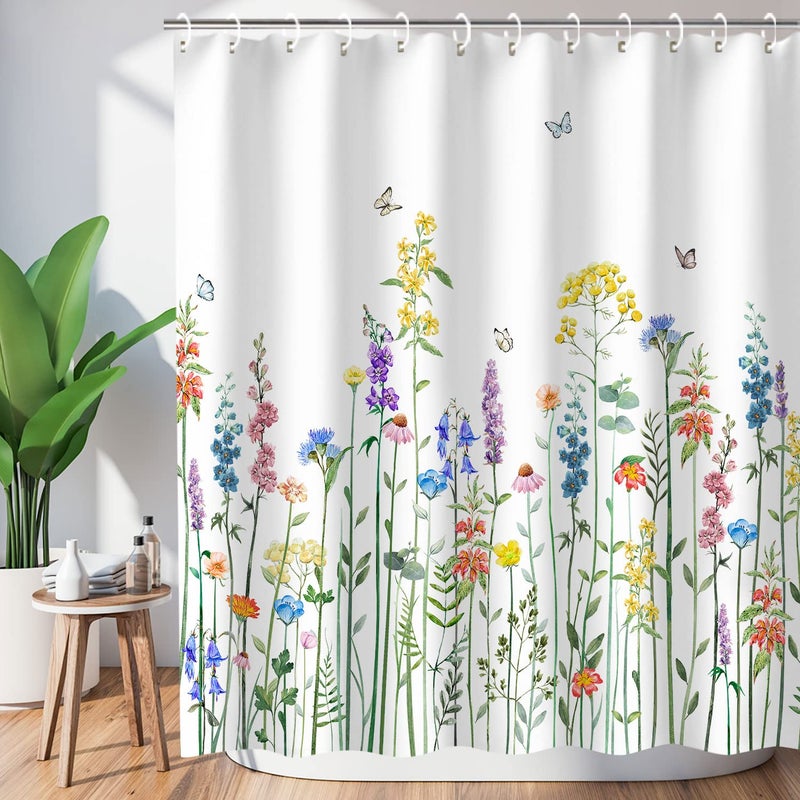 LIVILAN Floral Shower Curtain for Bathroom  Colorful Butterfly Flowered Plant Wildflower Shower Curtain with Hooks Machine Washable 72Wx78H