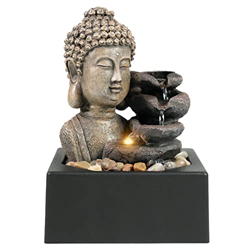 Ferrisland Tabletop Waterfall Fountain Indoor - Buddha Water Fountains 4-Tier Tabletop Waterfall of Zen Meditation Buddha Fountain with LED Warm Light for Office Home and Bedroom Desktop Decor - Image 1