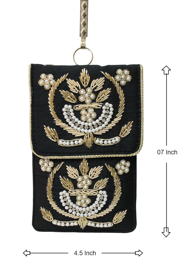 MILAN'S CREATION Exclusive Mobile Pouch Zardozi Hand Embroidery With Waist Clip Hook & Sling Chain (removable) | Ladies Women’s Handbag Wallet Sling Purse | Party Wedding Festival Giveaways Gift | - Image 3