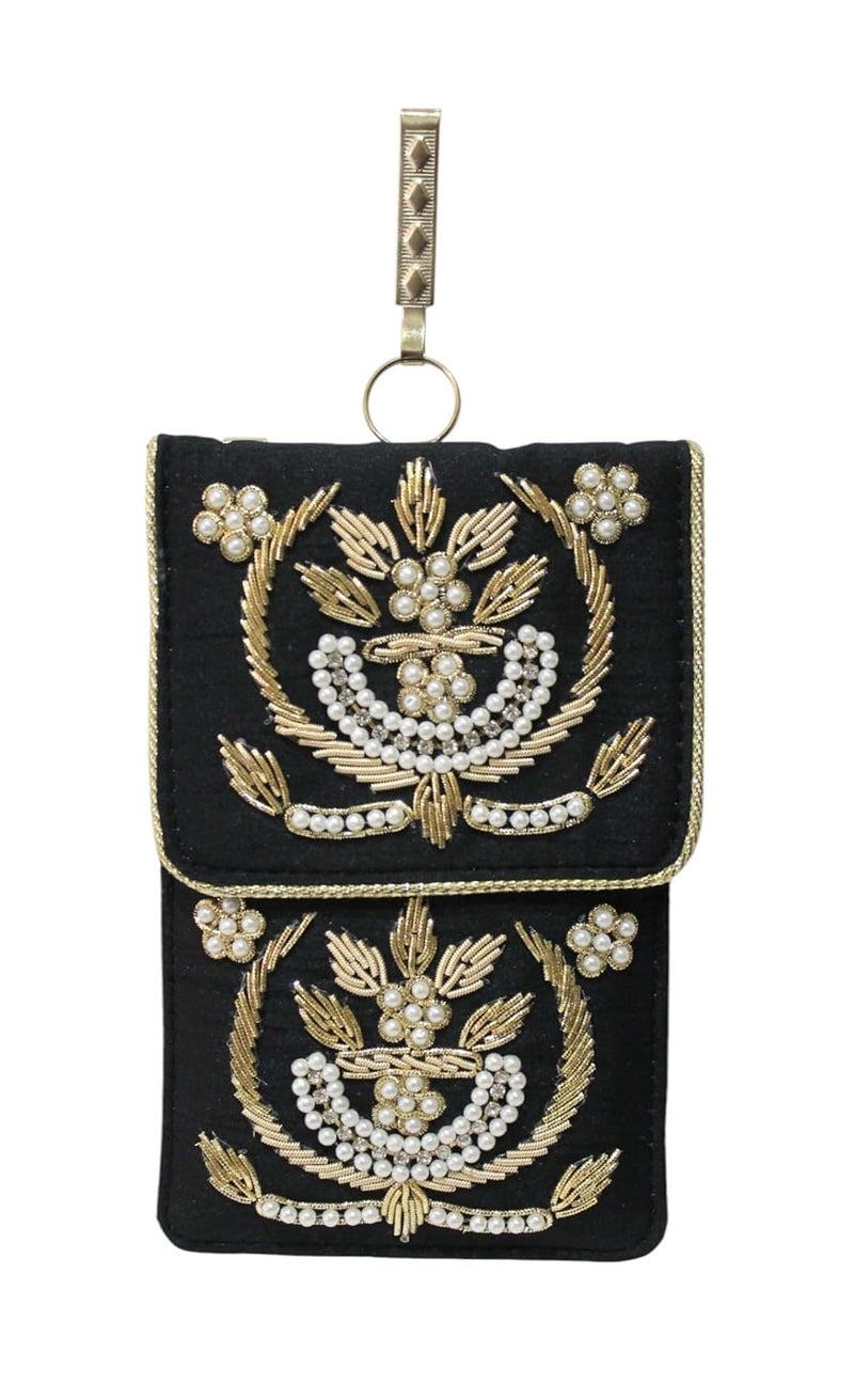 MILAN'S CREATION Exclusive Mobile Pouch Zardozi Hand Embroidery With Waist Clip Hook & Sling Chain (removable) | Ladies Women’s Handbag Wallet Sling Purse | Party Wedding Festival Giveaways Gift | - Image 1