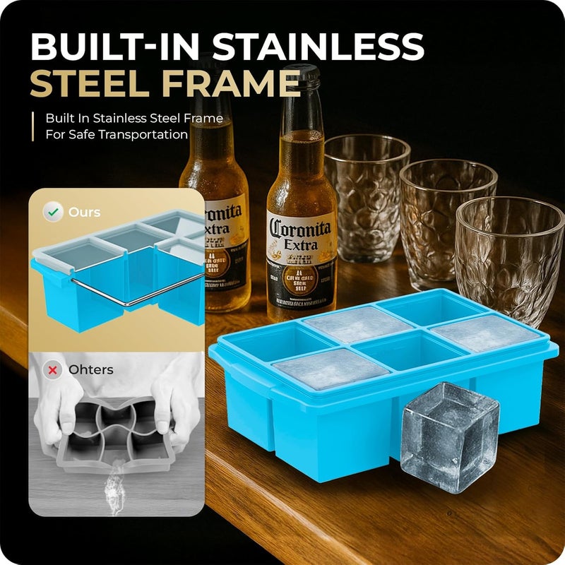 Xomoo Large Ice Cube Trays for Whiskey, Silicone Ice Cube Tray, with Reinforced Steel Ring Top, Makes 12 perfect 2-in ice cubes, Square Ice Tray for Cocktails, Whiskey, Coffee. (2 Pack) - Image 3
