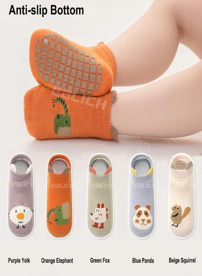 FEBLICH 5 Pair Baby Socks For Boys & Girls 1-3 Years, Toddler Cartoon Socks With Anti Slip Silicone Sole, Comfortable Cotton Non Slip Grip Ankle Socks For Baby Girl Boys Multicolor Multi Design - Image 2