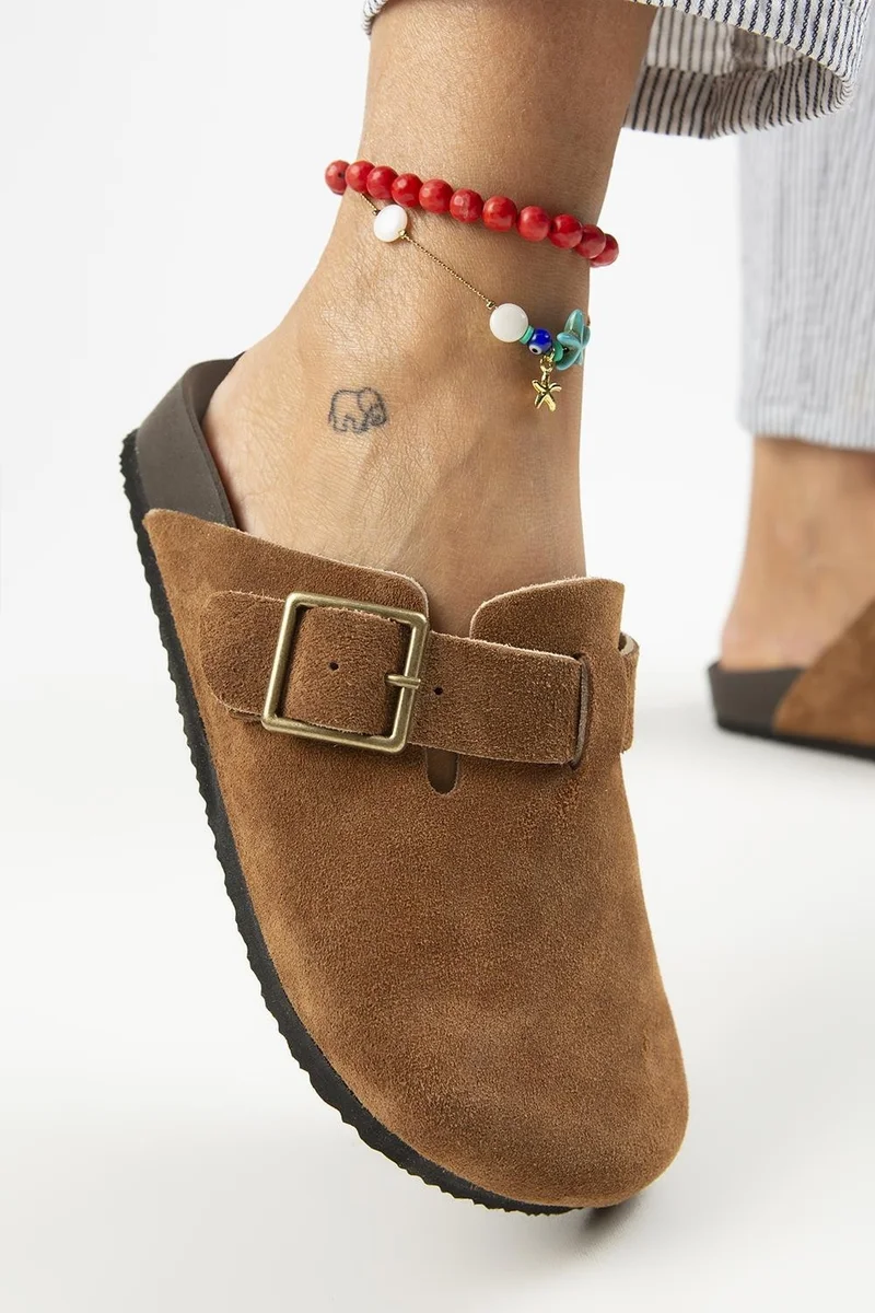 Manijero Manjero Zeta 2 Women's Leather Leather Belt Buckle Sabo Tan Slippers