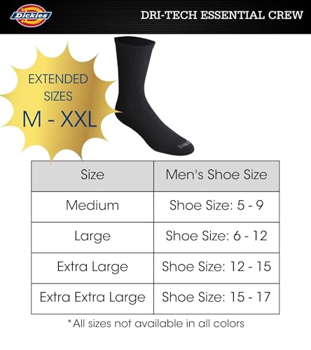 Dickies Men's Dri-Tech Essential Moisture Control Crew Socks Multipack, Solid Black (6 Pairs), Medium - Image 3