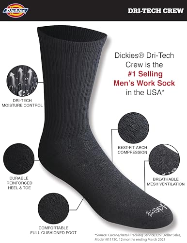 Dickies Men's Dri-Tech Essential Moisture Control Crew Socks Multipack, Solid Black (6 Pairs), Medium - Image 2