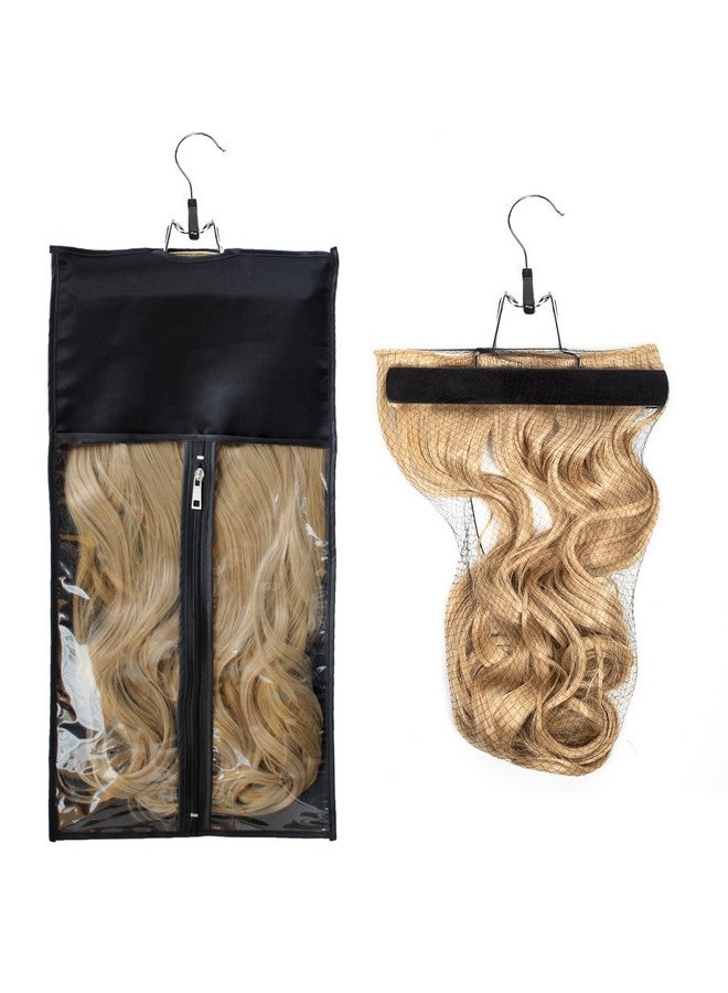 RJMBMUP 1 Pack Hair Extension Satin Storage Bag With Hanger Wig Holder Bundles Hairpieces Ponytail Wig Style Hair Travel Black Color - Image 1