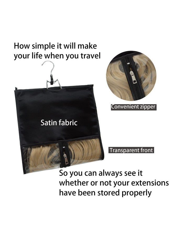 RJMBMUP 1 Pack Hair Extension Satin Storage Bag With Hanger Wig Holder Bundles Hairpieces Ponytail Wig Style Hair Travel Black Color - Image 2